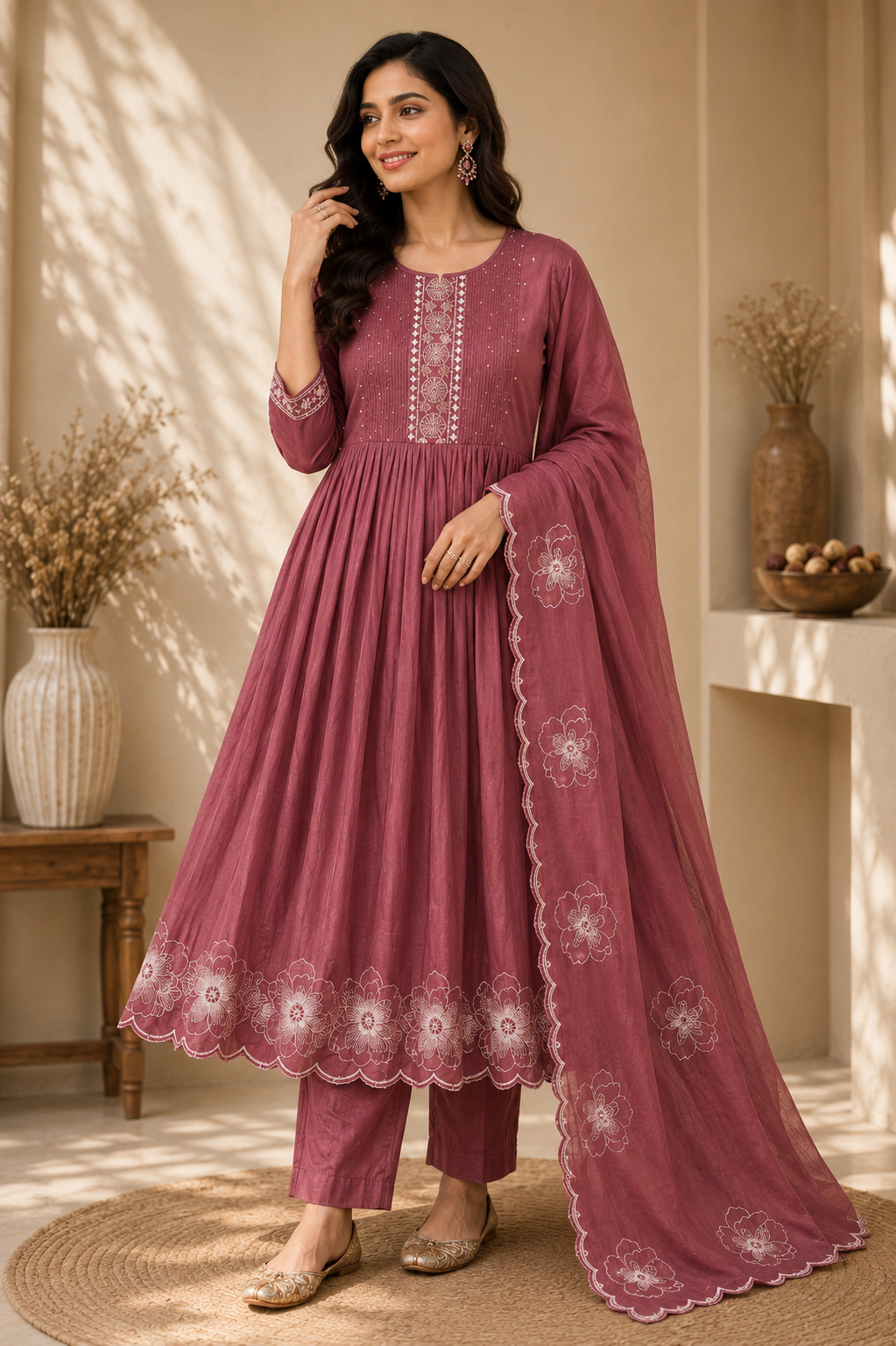 Floral Maroon Mul Kurti Set
