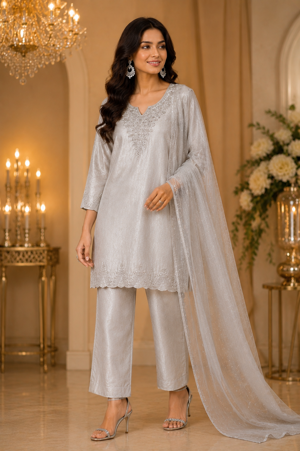 Lustre Silver Silk Co-Ord Set with Dupatta