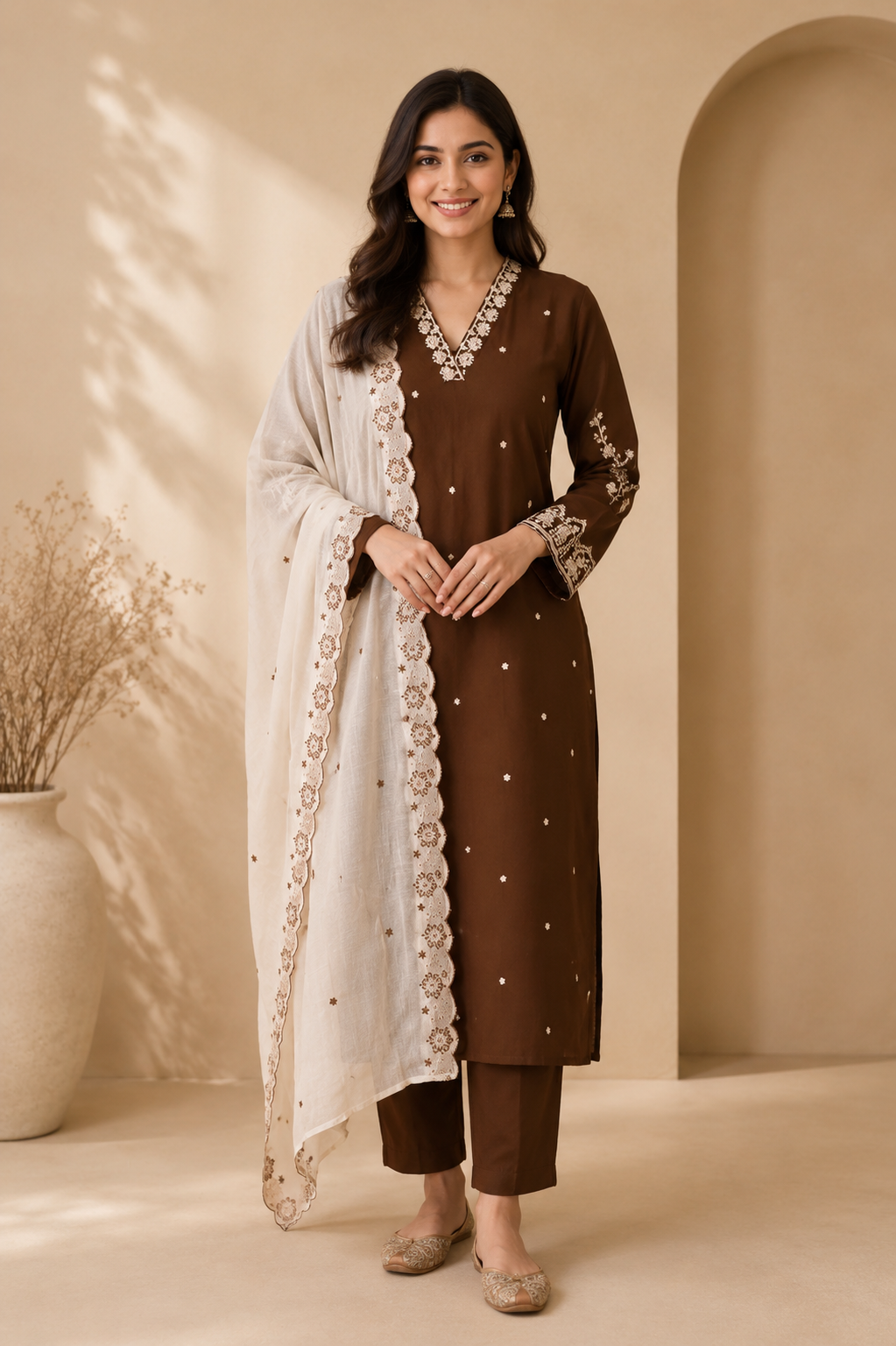 Mocha Grace Embroidered Kurti Set with Dupatta