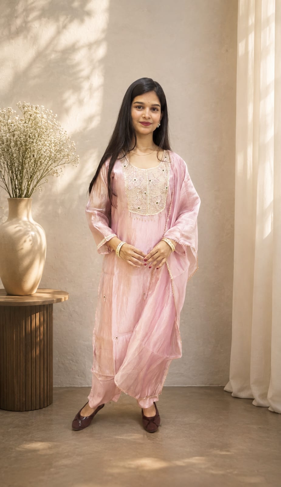Blush Pink Salsa Tissue with Premium Work Kurti Set
