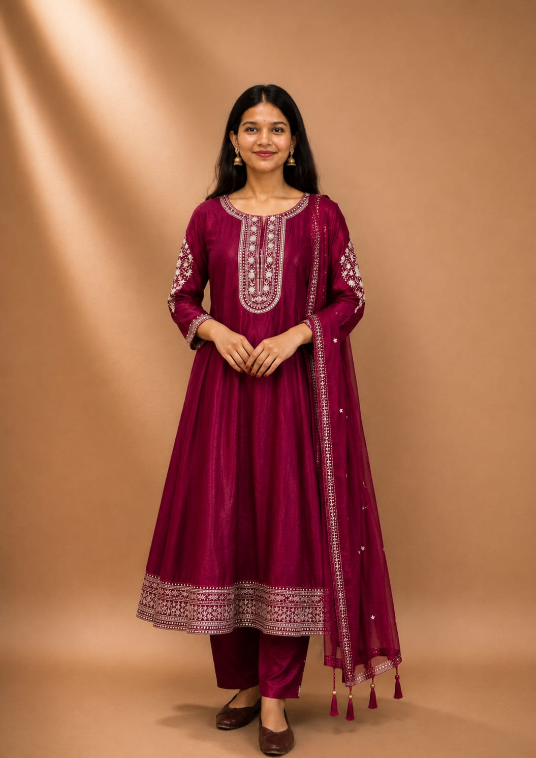 Grace Burgundy Silk Embroidered Kurta Set