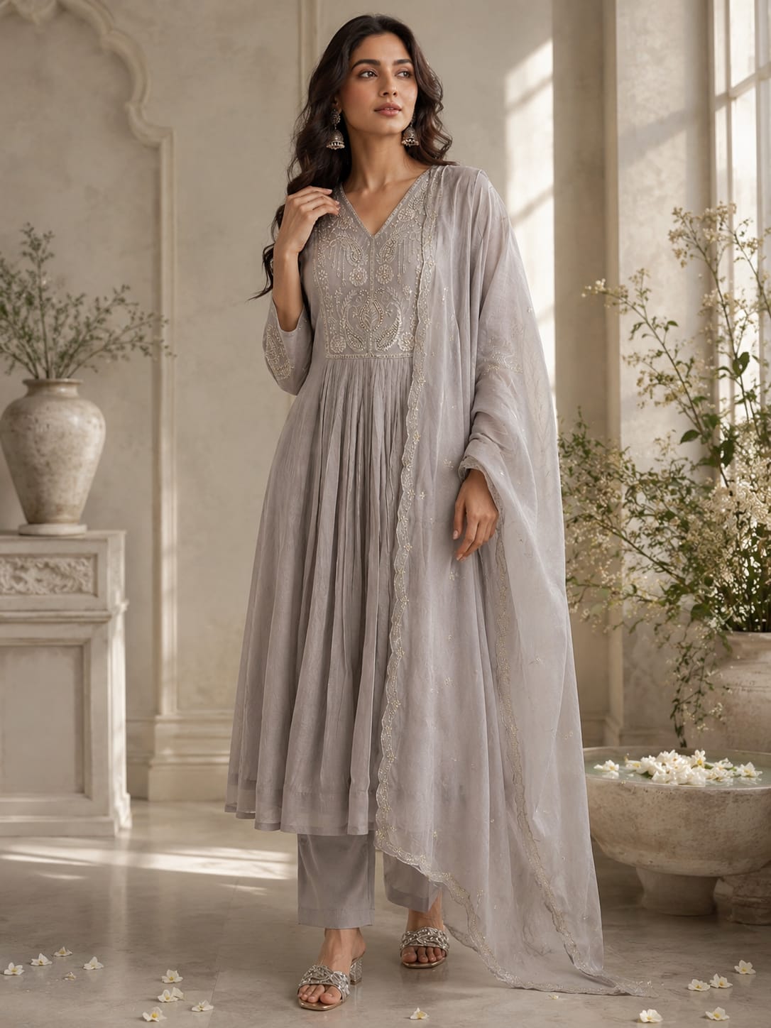 Pearly Mul Chanderi Embroidered Anarkali Set