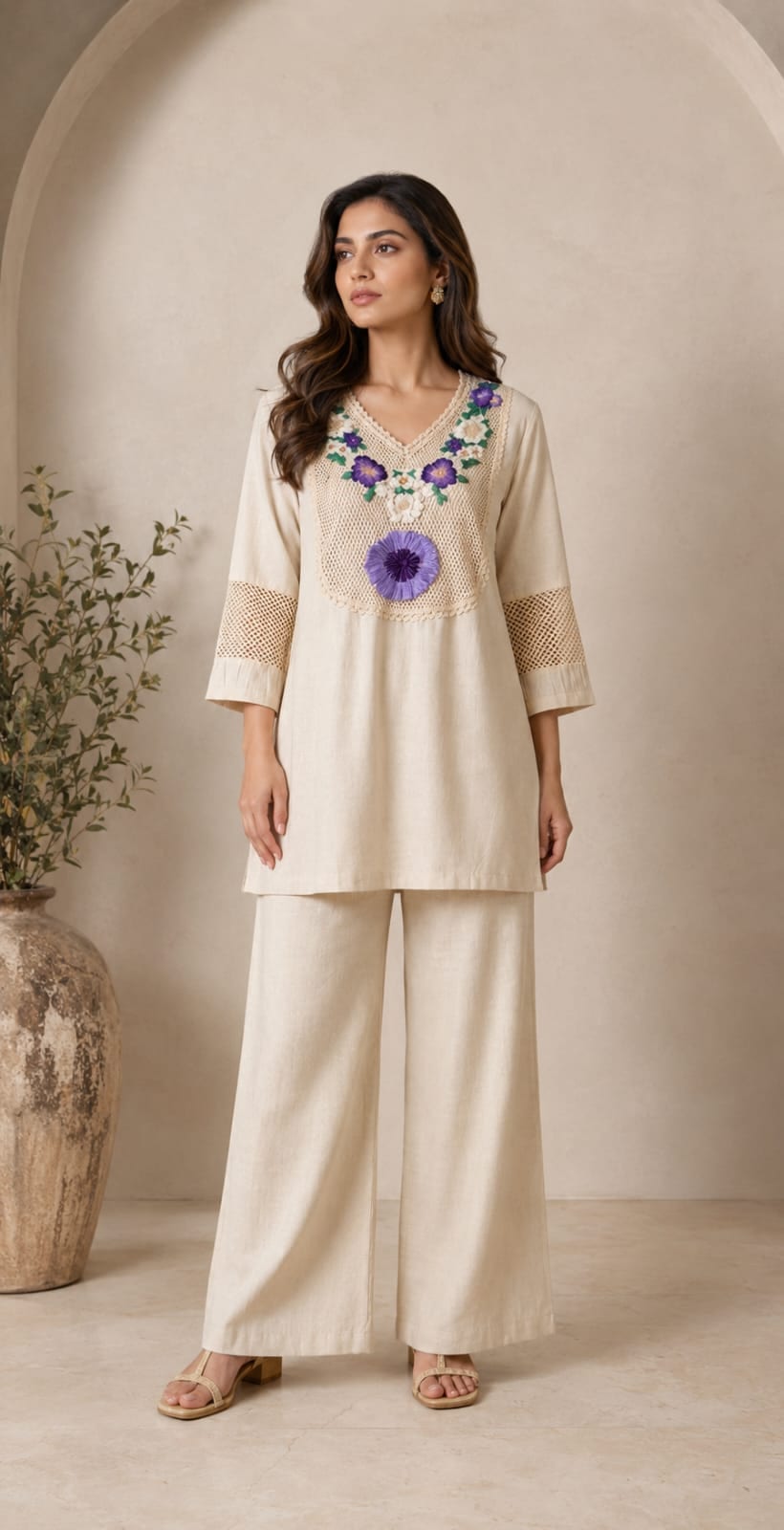 Cream Floral Cotton Khadi Co-ord Set
