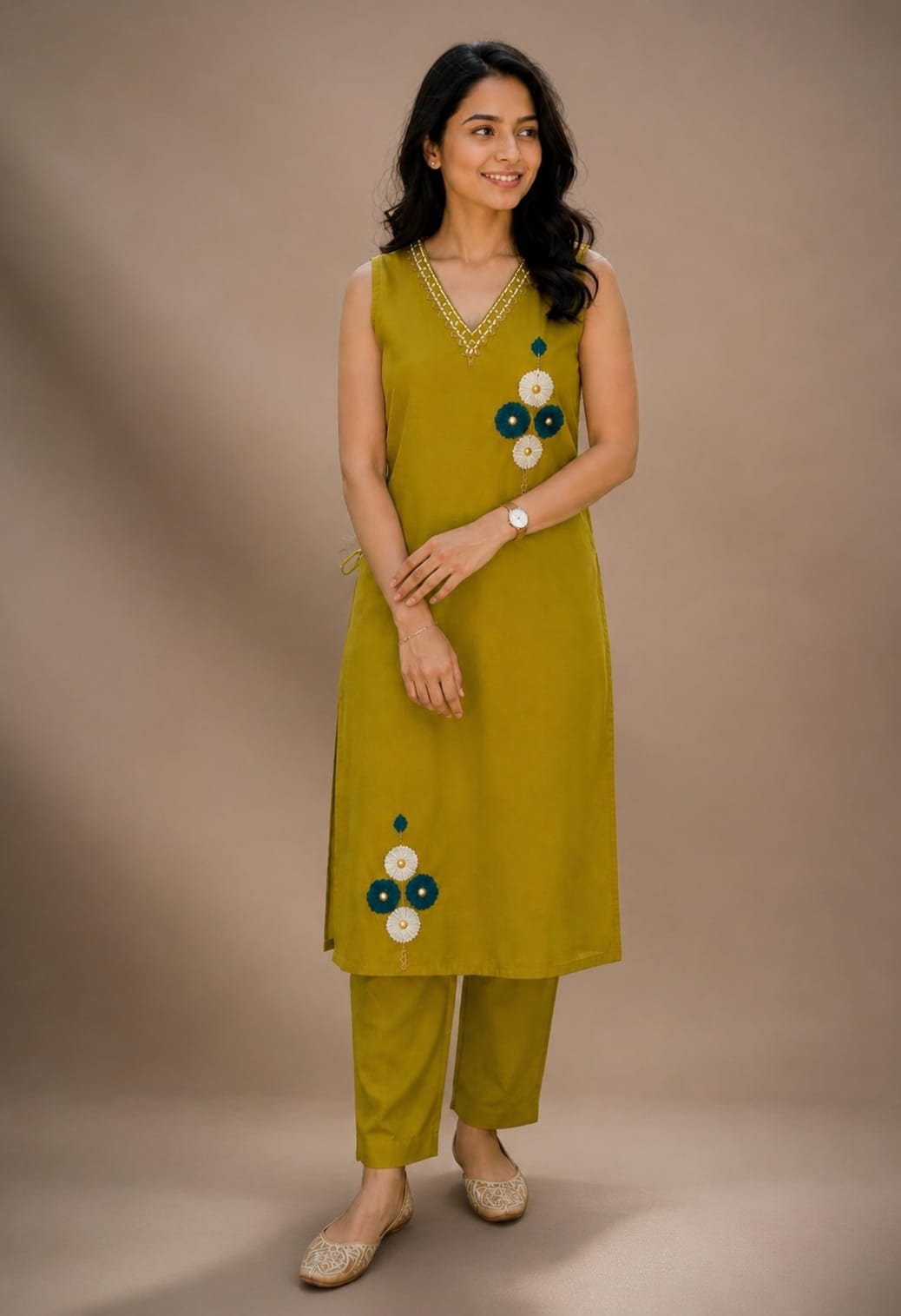 Olive Green Floral Embroidered Vertican Kurta Set