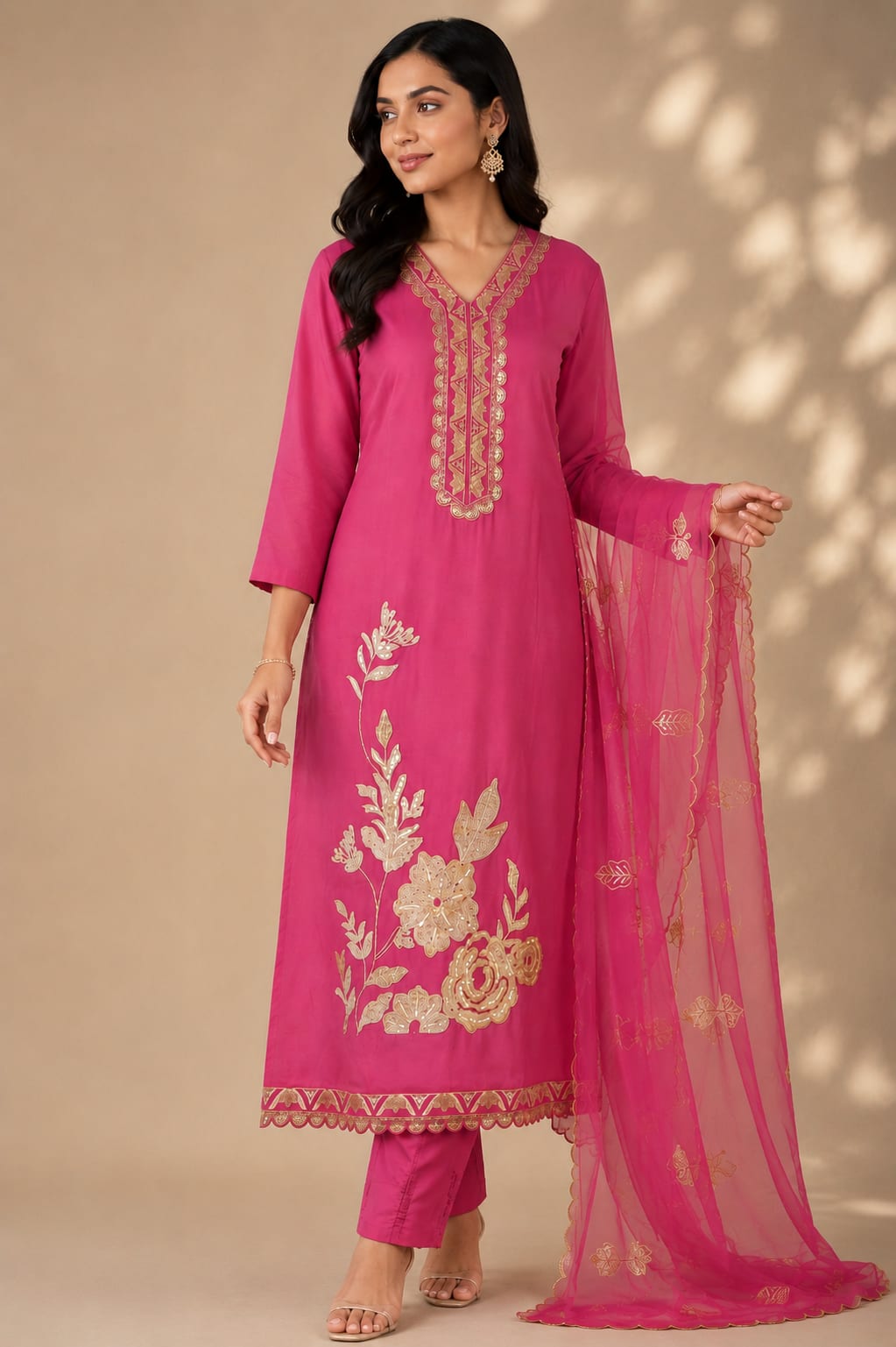 Magenta Mul Chanderi Embroidered Kurta Set with Dupatta