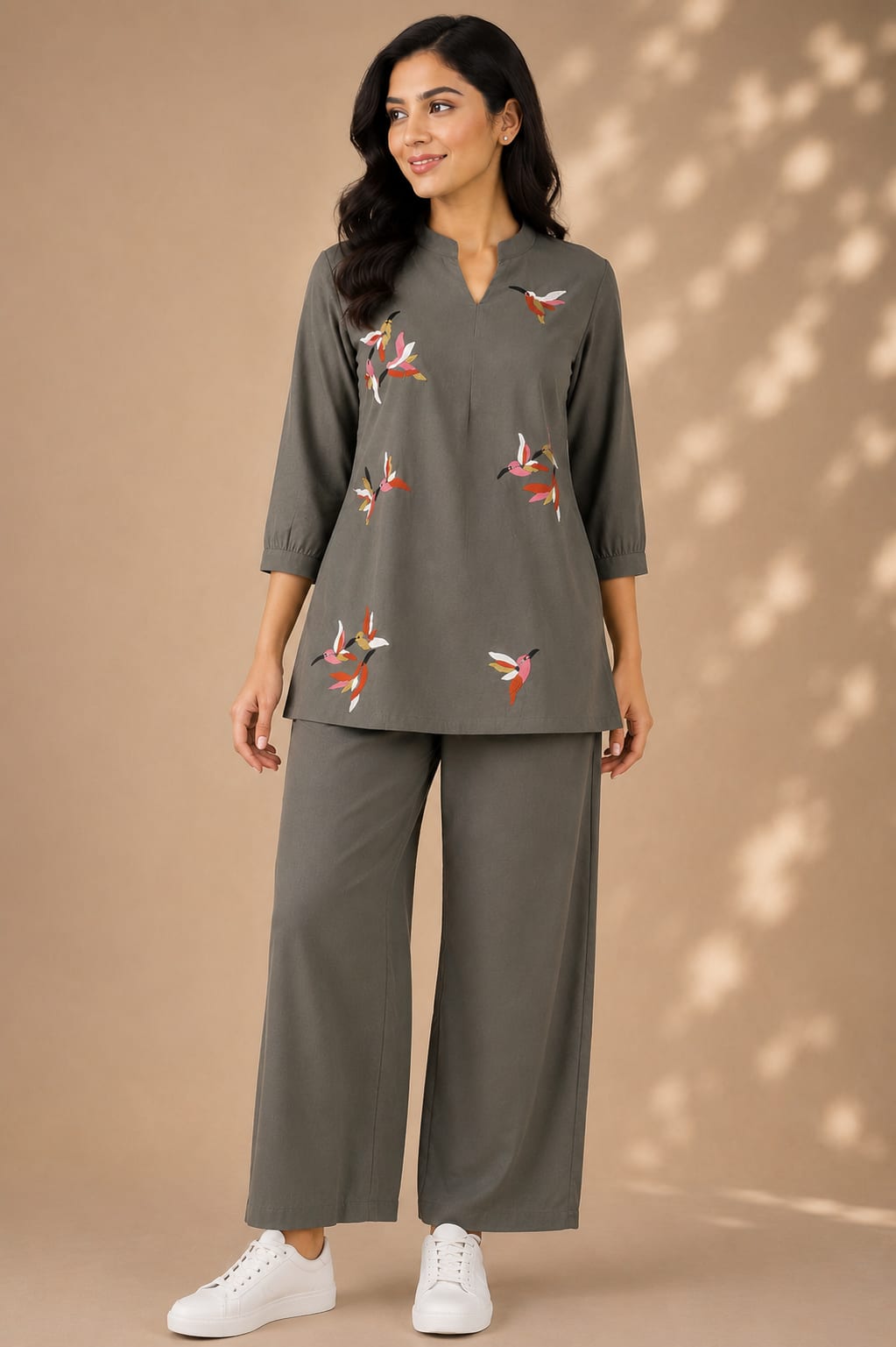 Olive Grey Bird Embroidered Coord Set