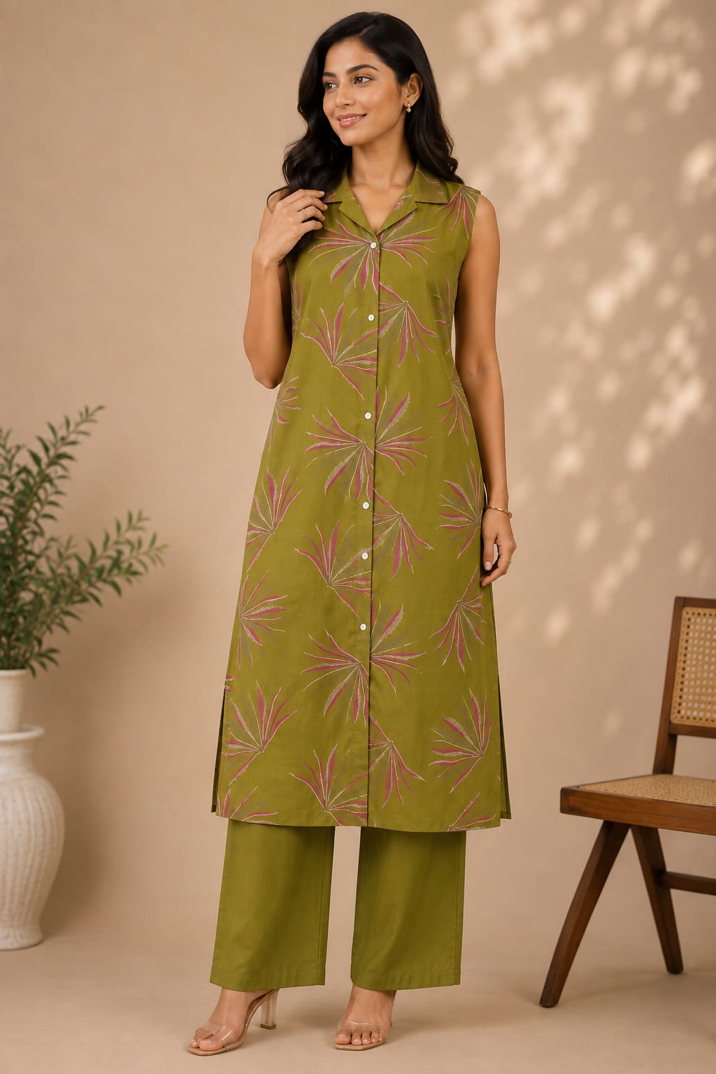 Olive Green Botanical Print Co-ord Set