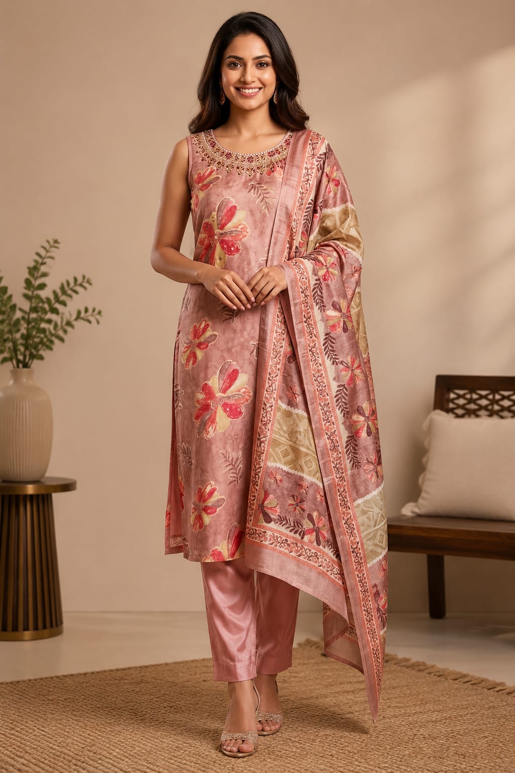 Dusty Pink Floral Soft Silk Suit Set with Dupatta