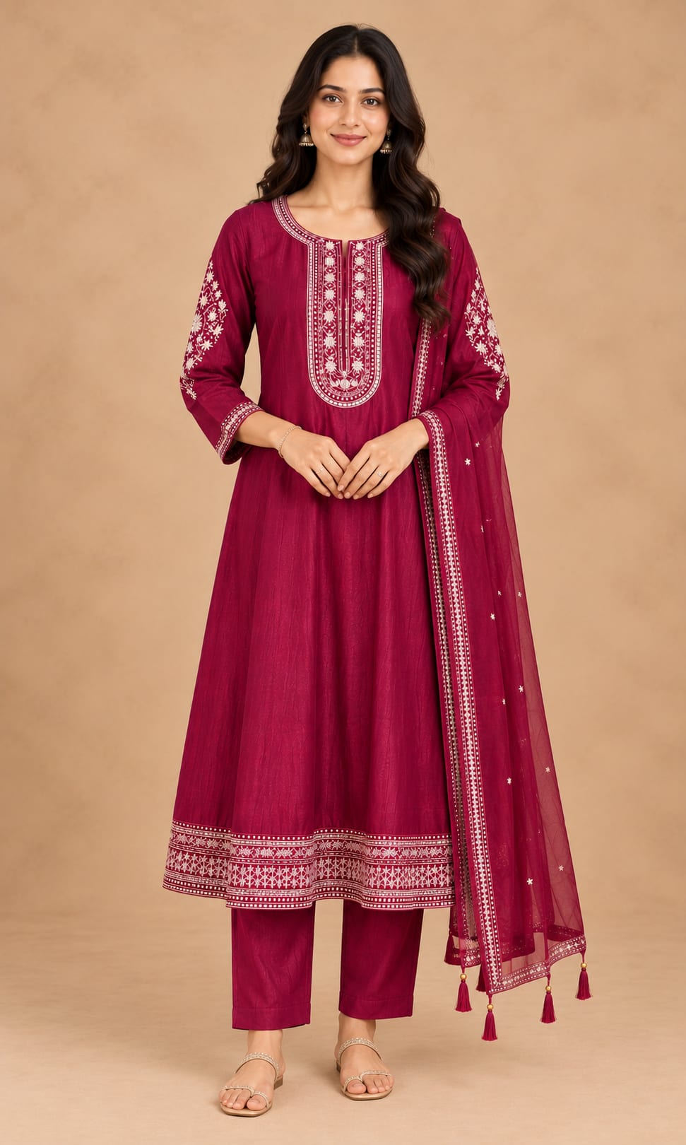 Grace Burgundy Silk Embroidered Kurta Set