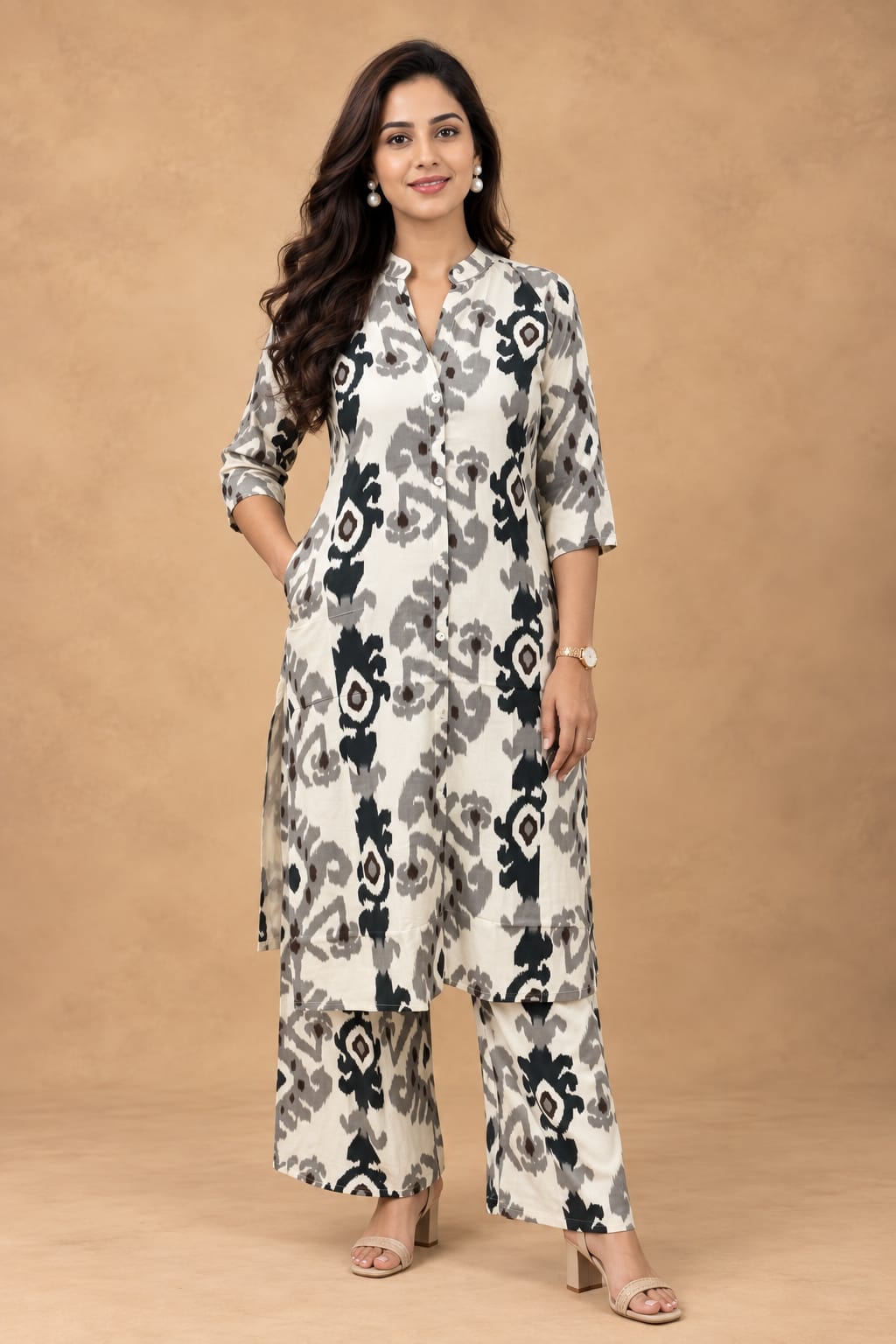 Monochrome Ikat Print Rayon Kurta Pant Set