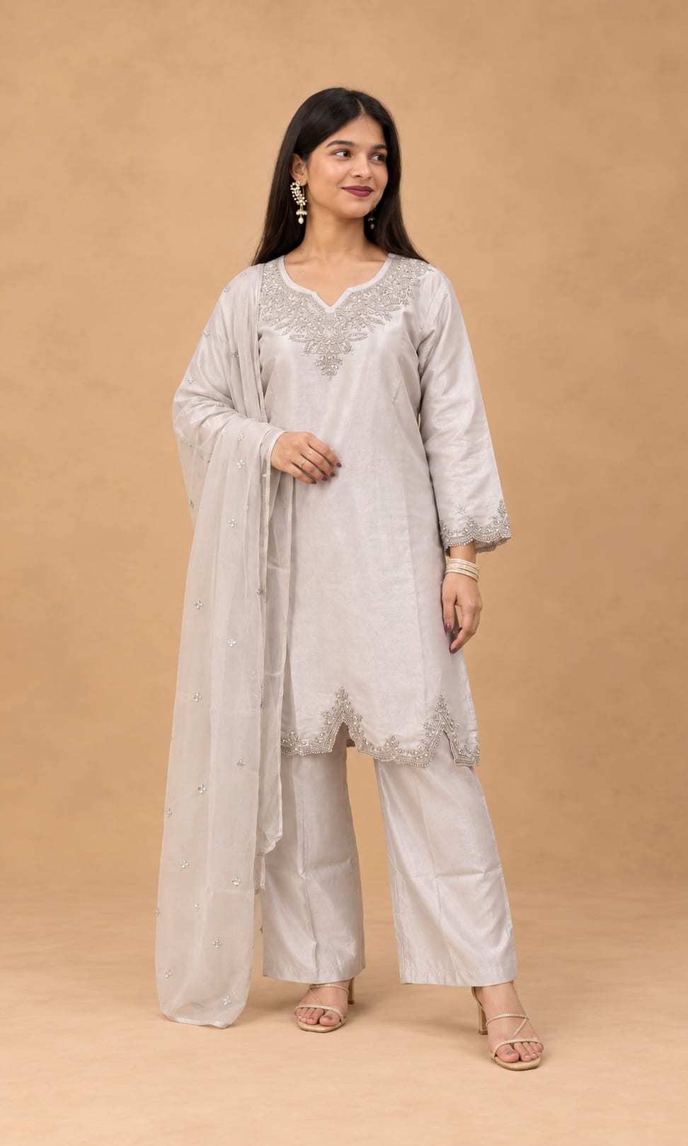 Lustre Silver Silk Co-Ord Set with Dupatta