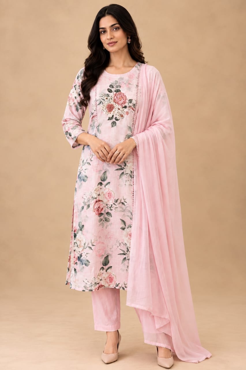 Roseflora Linen Cotton Kurti Set