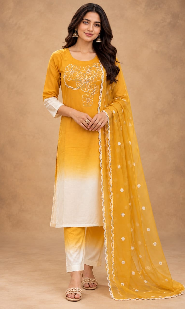 Suneira White Floral Embroidery Kurti Set