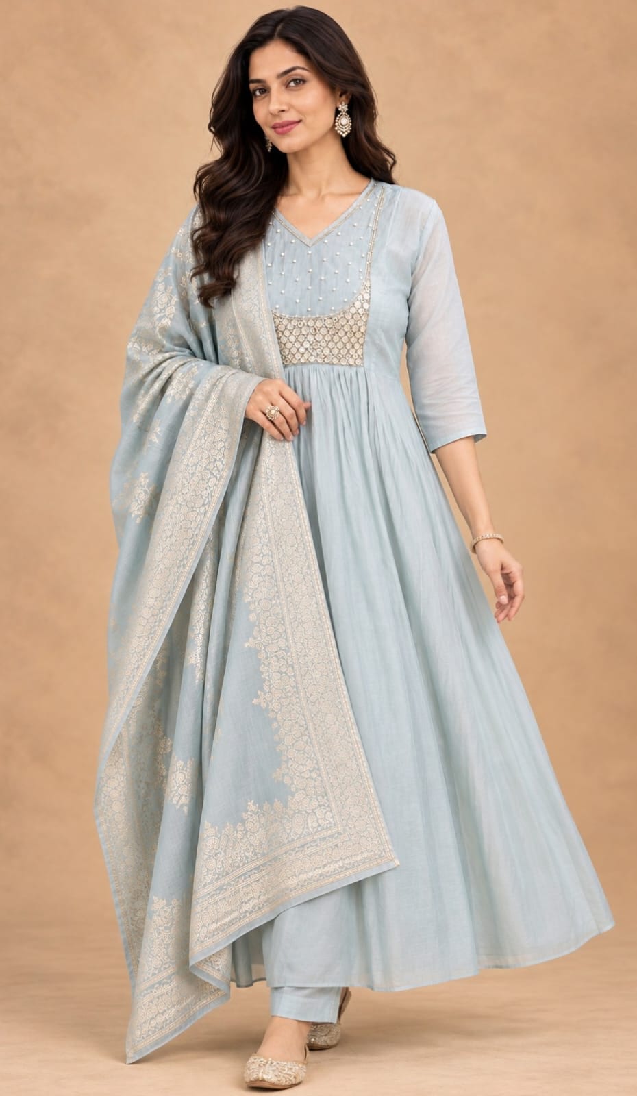 V-neckline with delicate pearl Anarkali Set