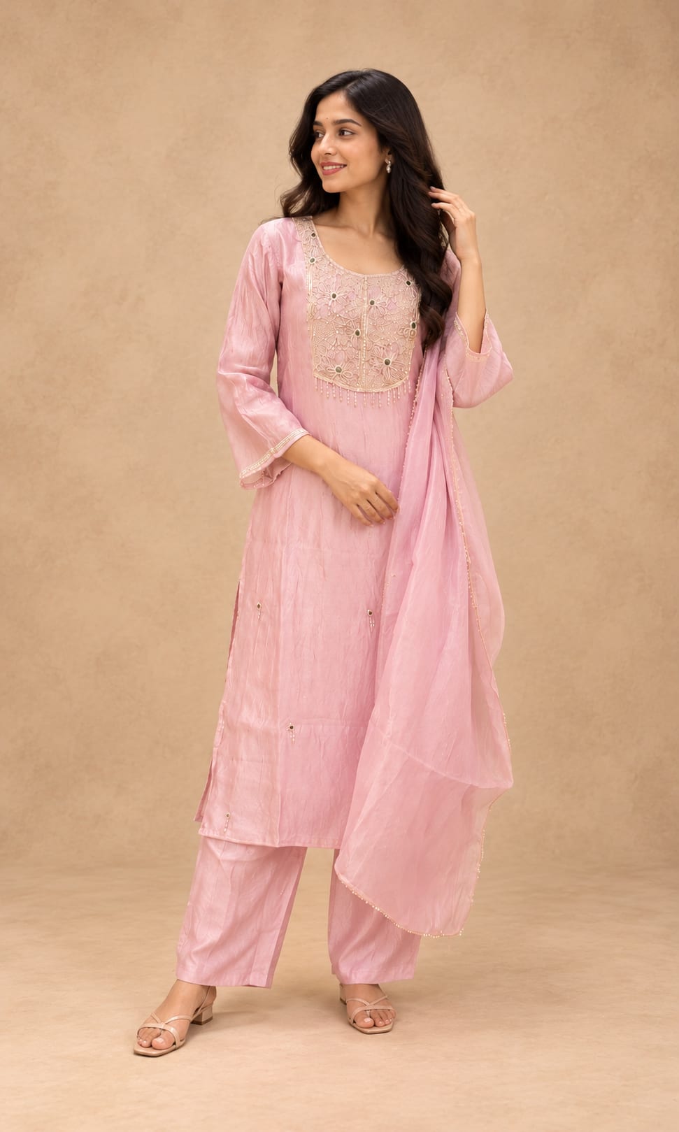 Blush Pink Salsa Tissue with Premium Work Kurti Set