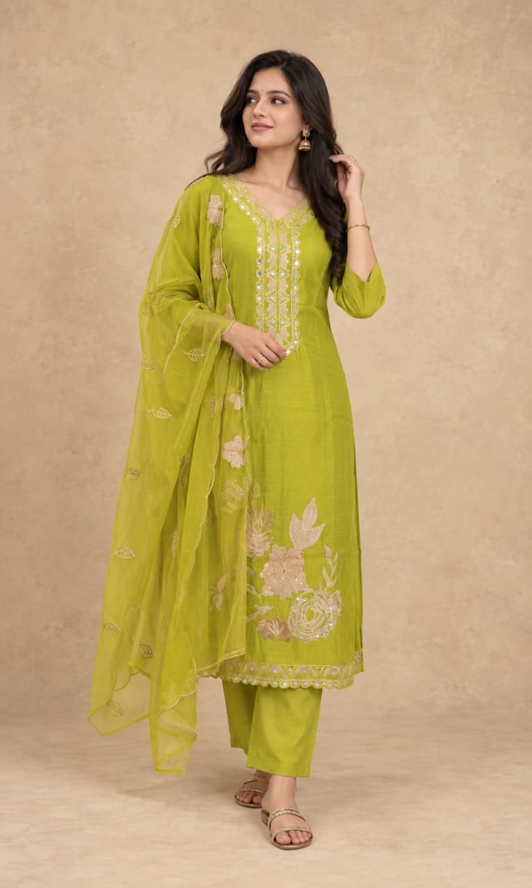 Lime green Mul Chanderi Embroidered Kurta Set with Dupatta
