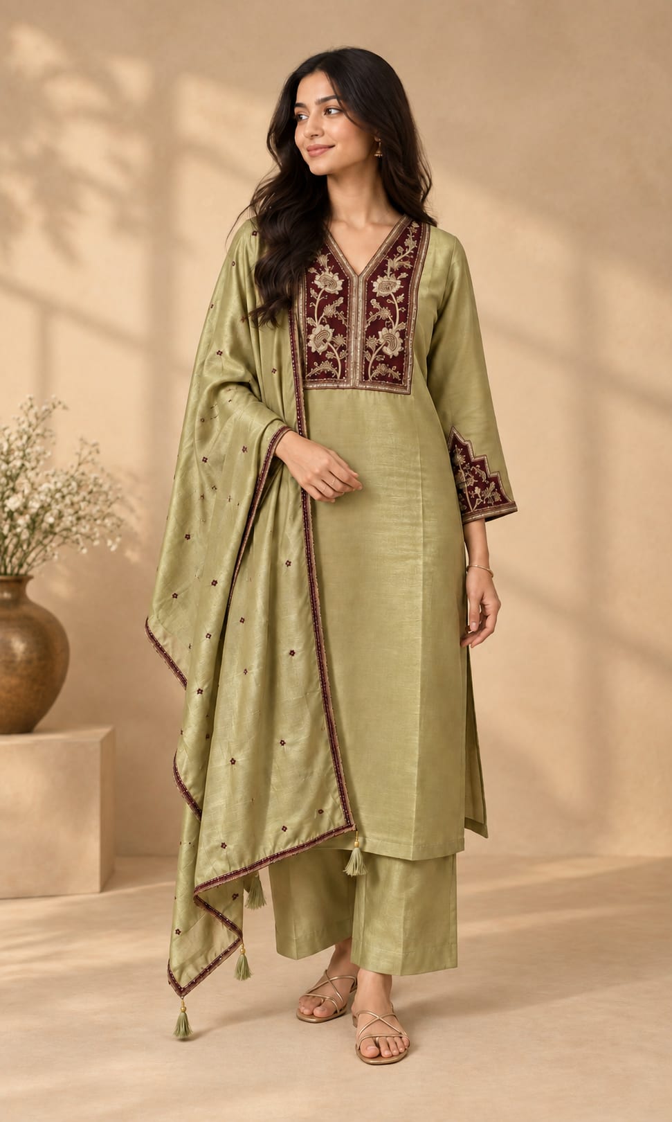 Linden Green Maroon Floral Embroidered Cotton Silk Suit Set