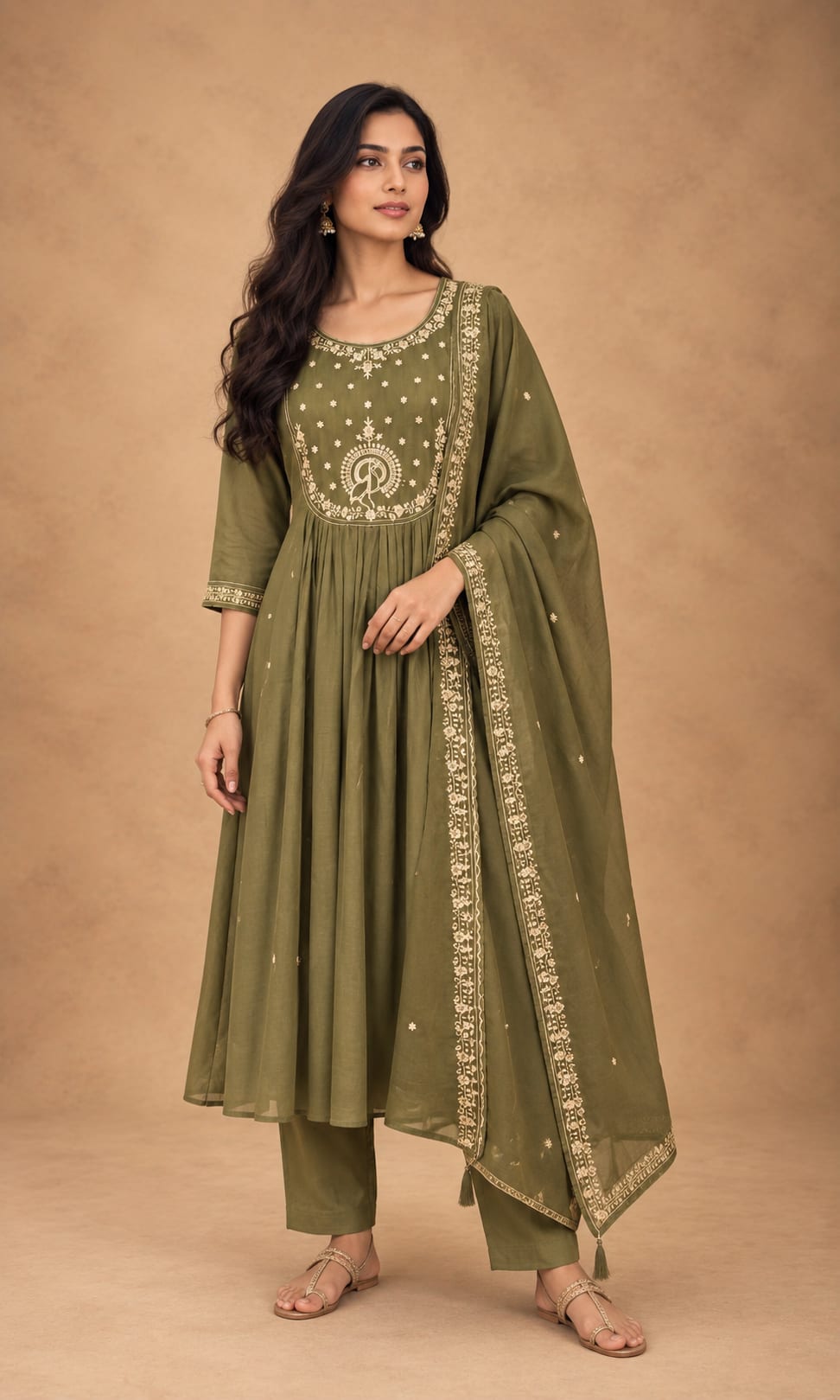 Sage Green Mul Chanderi Anarkali Suit Set