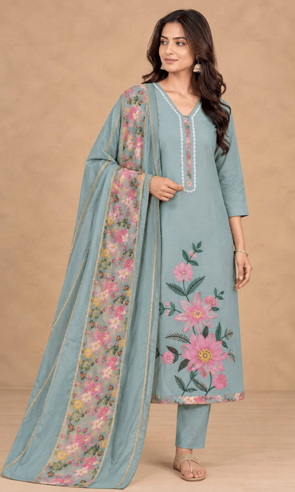 Sage Blue Floral Embroidered Kurta Set with Dupatta