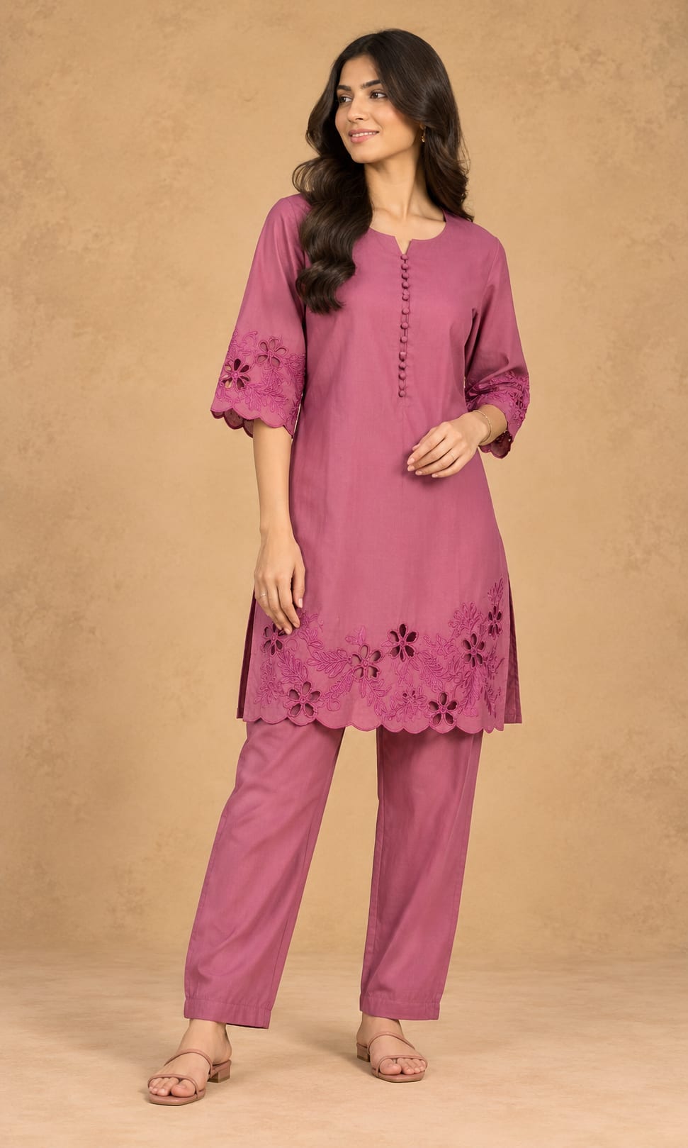 Mauve Floral Embroidered Roman Silk Co-Ord Set