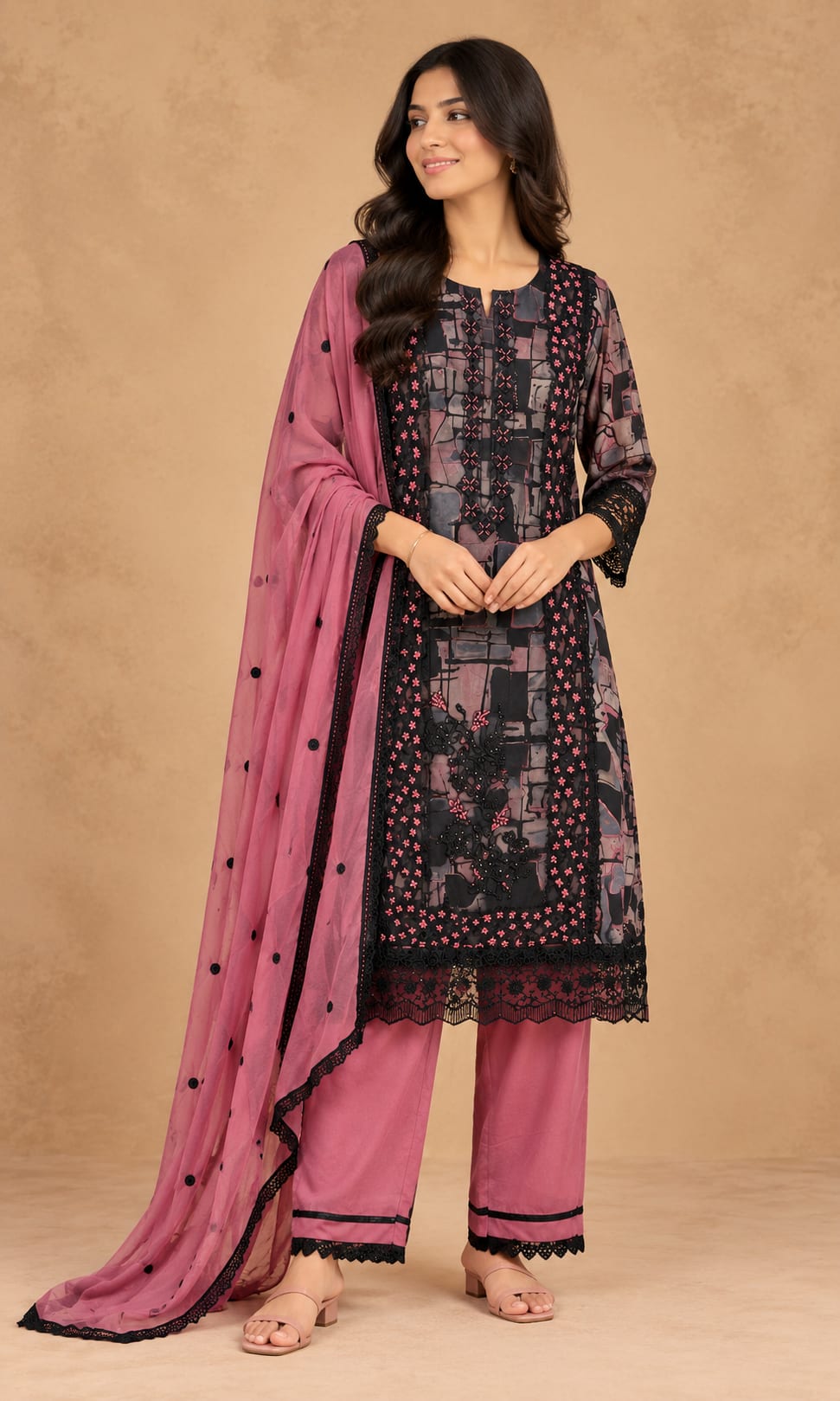 Black and pitch-peach Embroidered Georgette Suit Set