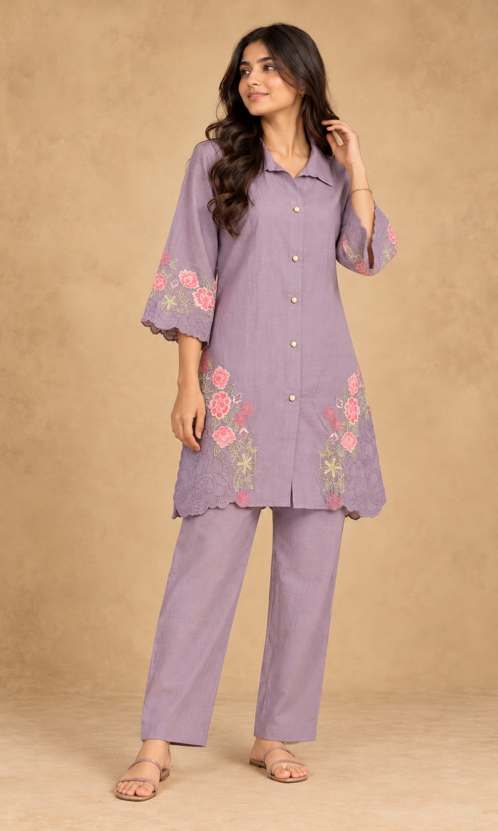 Lavender Floral Embroidered Vertican Co-Ord Set