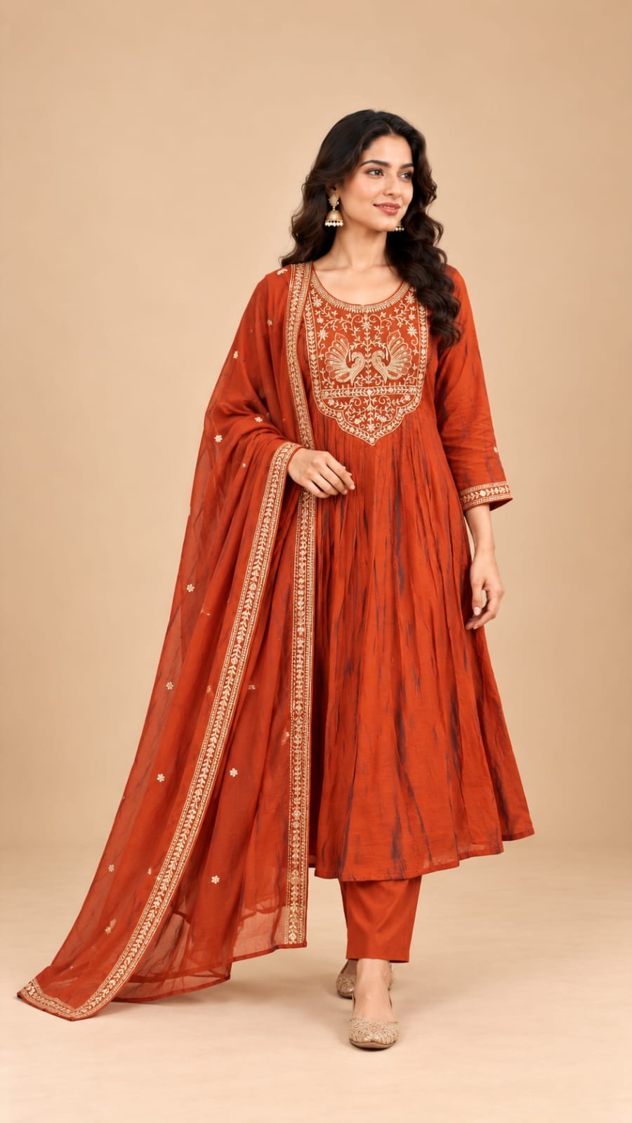 Deep Terracotta Embroidered Anarkali Suit Set