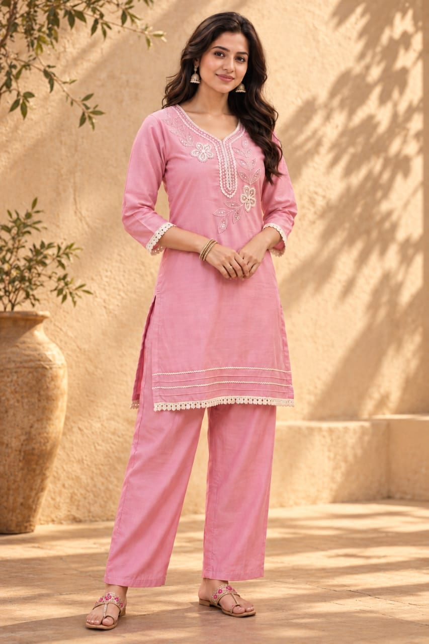 Blush Pink Mul Chanderi Embroidered Kurta Set