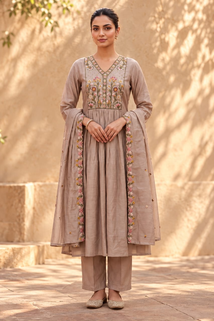 Elegant Taupe Mul Chanderi Embroidered Anarkali Suit